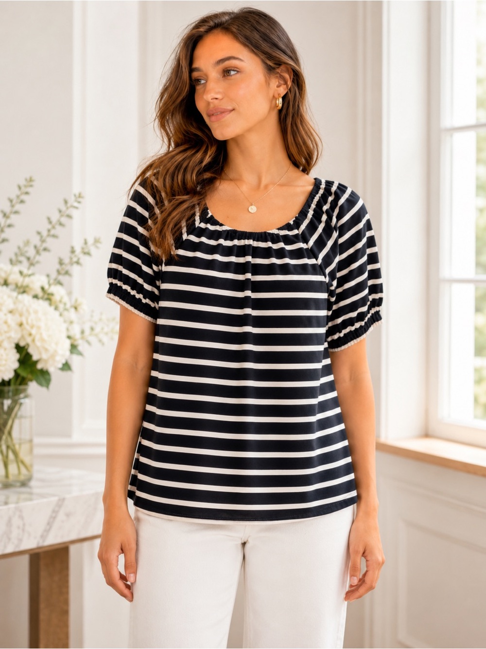 J.Crew Black Cream Striped Puff Sleeve Top Nautical Blouse NWT S